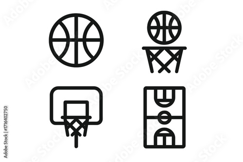 Basketball sport icon set. Vector outline logo symbols. Minimalist line art graphic of a ball, hoop, court, backboard, and net. Game competition equipment collection.