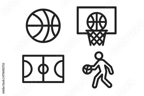 Basketball minimalist icon set. Vector line art symbols. Player dribbling, court layout, hoop and net. Sports game graphic elements for design. Simple outline pictogram collection.