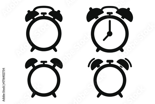 Alarm clock icon set vector. Minimalist black silhouette collection. Wake up, morning and deadline concept. Ringing clock symbol for time management and reminder illustration.