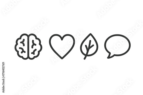 Minimalist wellness icons set with brain, heart, leaf, and speech bubble symbols for health, nature, mental well-being, communication, and holistic lifestyle design vectors