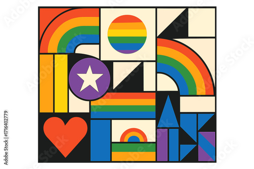 Pride month seamless pattern template with LGBTQ community symbols. Geometric abstract background with rainbow flag, heart and star. Human rights movement for gay parade.