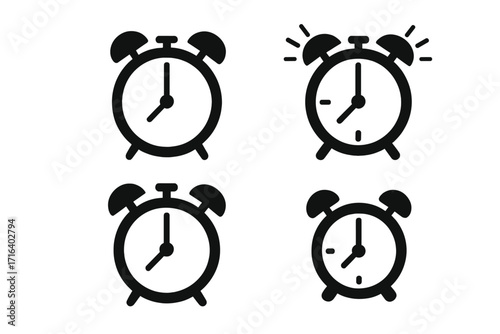 Alarm clock icon set. Minimalist black silhouette collection. Time, morning, wake up, ringing clock symbols. Vector illustration for deadline, schedule, reminder concepts.