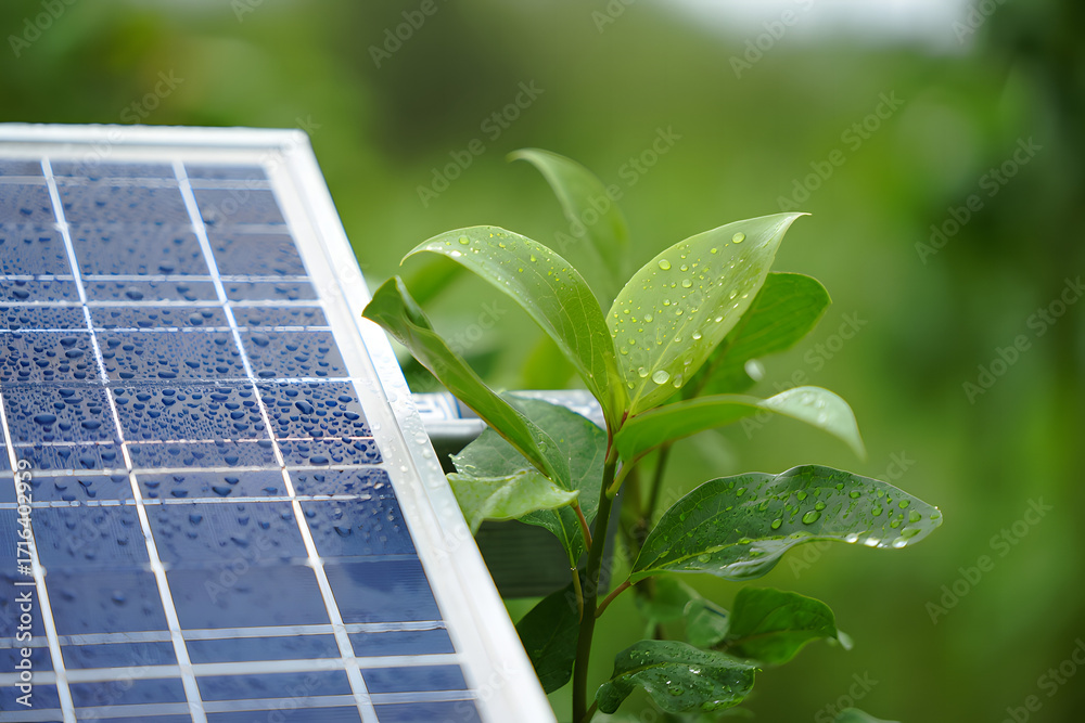 Fototapeta premium Close up of a solar panel with water droplets next to lush green leaves after rain
