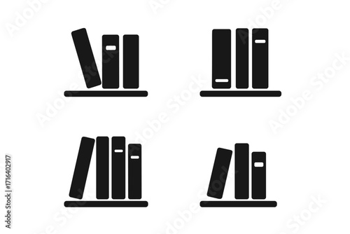 Bookshelf icon set. Minimalist book symbols for web app design. Vector library logo collection. Simple pictogram for education, knowledge, reading. Black flat illustration set.