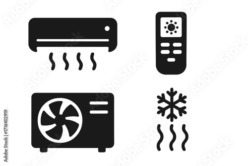 Air conditioner icons set. HVAC system symbols. Minimalist glyph collection for climate control. Cooling appliance. Vector indoor and outdoor unit, remote control, cold air flow.