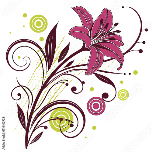 Pink Lily flower with swirls design element Vector illustration Floral decoration White background