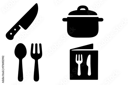 Culinary icons set with kitchen tools. Vector silhouette collection of cooking pot, knife, cutlery and menu symbol for restaurant, cafe, or gastronomy. Flat design elements.