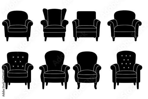Armchair silhouettes set. Classic furniture collection for interior design. Vector icons of different chair and seat styles. Home decor and seating concept illustration.