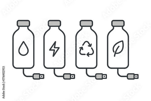 Set of renewable energy concept icons. Minimalist bottles with water, power, recycling, and eco leaf symbols connected to a USB charger. Clean technology resource vector.