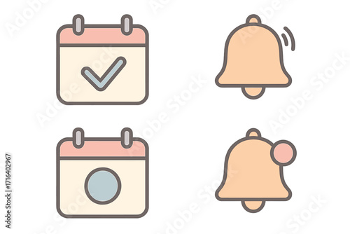 Pastel calendar and reminder icon set. Vector icons for app and web design. Minimalist UI UX elements for schedule, date, notification bell, alert, and task complete.