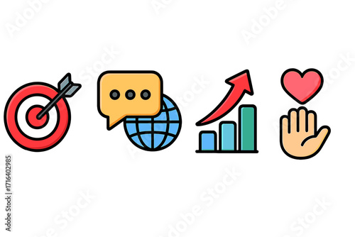 Digital marketing and SEO icon set with target, communication, growth, and engagement symbols. Vector illustration for business strategy, global reach, customer loyalty.