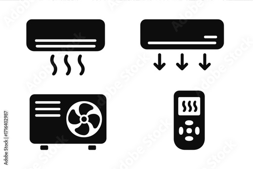 Air conditioner icons set. HVAC system simple glyphs. Climate control vector pictograms. Cooling, heating, and ventilation silhouette symbols. Fan and remote control flat icons.