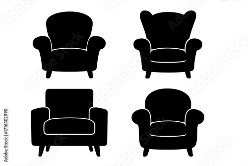 Set of armchair silhouettes. Classic and modern furniture collection. Vector graphic icon for interior design. Black lounge chairs isolated on white background. Home decor.