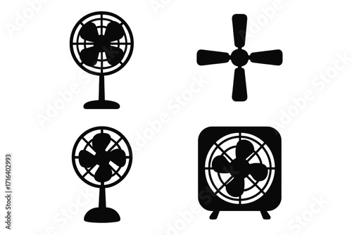 Set of black fan silhouettes. Vector illustration of various electric fans like table fan, box fan, and floor fan. Minimalist icon collection for cooling and ventilation concepts.