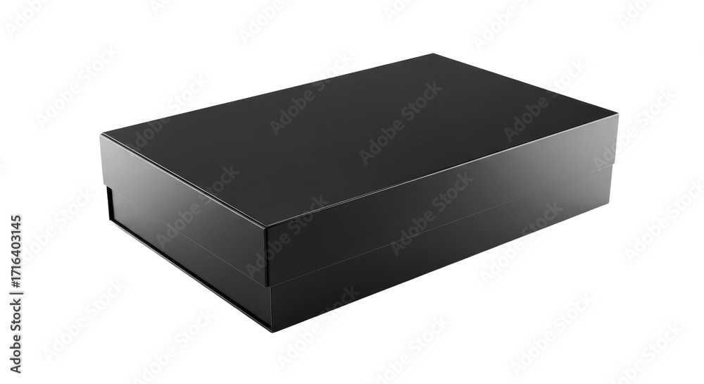 Naklejka premium Sleek black rectangular gift box with a glossy finish, isolated on a dark background, perfect for luxury packaging or product presentation.