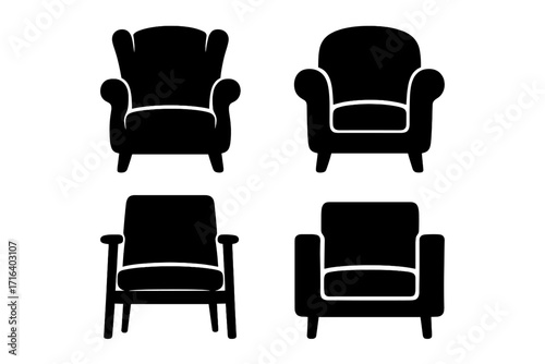 Set of silhouette armchair icons. Classic and modern designs. Vector illustration. Furniture collection. Interior design elements. Home decor symbols. Seating object set.