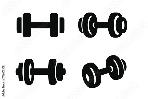 Dumbbell icon set for fitness and workout motivation. Bold, minimalist vector cartoon illustrations. Gym, strength training, and weightlifting graphic elements. Black symbols.