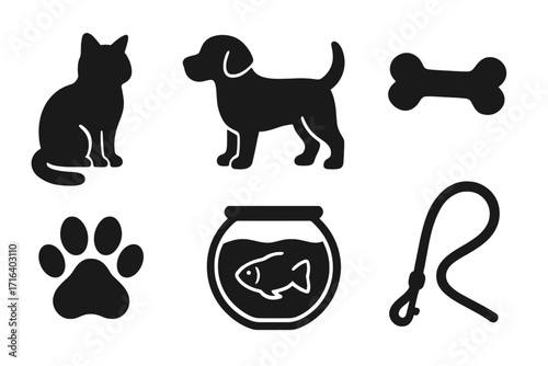 Pet icon collection with cat and dog silhouettes, bone, paw print, fish bowl, and leash vector cartoon illustrations with transparent background, ordered set for pet care and animal lovers