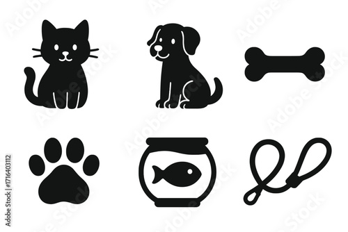 Pet icon collection featuring cute cat and dog silhouettes, dog bone, paw print, fish bowl, and leash vector cartoon illustrations with transparent background, ordered set for pet care and animals