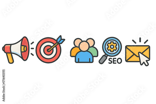 Digital marketing strategy icon set. Vector symbols for promotion, customer targeting, SEO, email campaign, SMM. Concepts for online advertising, business growth, audience.