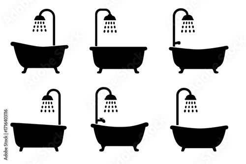 Vector set of six black silhouette bathtubs with showers. Bathroom interior design elements. Hygiene and plumbing icons. Vintage bath collection illustration for graphic design.