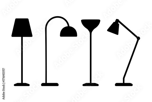 Minimalist floor lamp silhouettes set. Modern interior lighting design collection. Home decor furniture and standard lamp icons. Vector graphic element for household design.