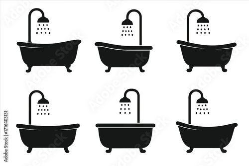 A set of six bathtub and shower silhouettes. Vector icon collection for bathroom interior design. Black graphic symbols for hygiene, plumbing, washing, and home furniture concepts.