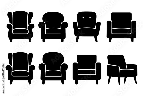 Armchair silhouette vector icon set. Collection of classic, modern, and retro furniture. Upholstered lounge chair symbols for interior design. Isolated furniture elements.