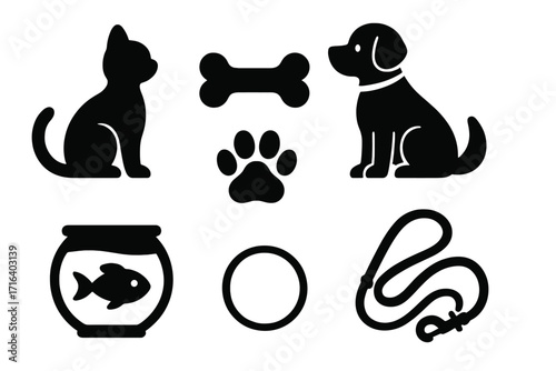 Pet icon collection with cat, dog, bone, paw print, fish bowl, leash silhouettes, vector cartoon illustration, transparent background, ordered set for pet care and animals