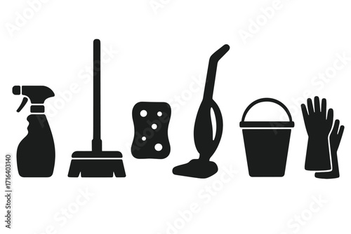 Cleaning tools silhouette icon set. Housekeeping equipment. Household chores concept. Spray, mop, sponge, vacuum, bucket, gloves. Disinfection, hygiene, sanitary service.