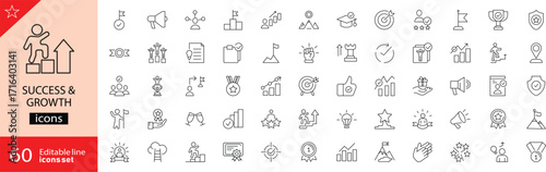Success and growth icons set. Includes symbols of achievement, progress, business growth, career development, target, trophy, upward arrow, and leadership. Editable stroke. Vector illustration.