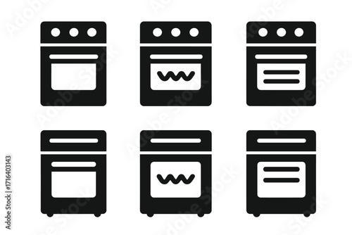 Set of six minimalist oven and stove icons. Black silhouette style for kitchen designs. Vector illustration symbol collection for cooking, baking, and heating appliances.