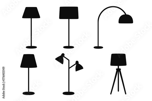 Minimalist floor lamp silhouettes set. Modern lighting design collection. Vector cartoon illustration of home interior furniture elements. Electric torchere and standard lamp icons.