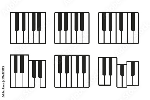 Minimalist piano keys icon set. Linear musical keyboard pattern collection. Simple black and white vector graphic illustration for music design. Abstract instrument symbol.