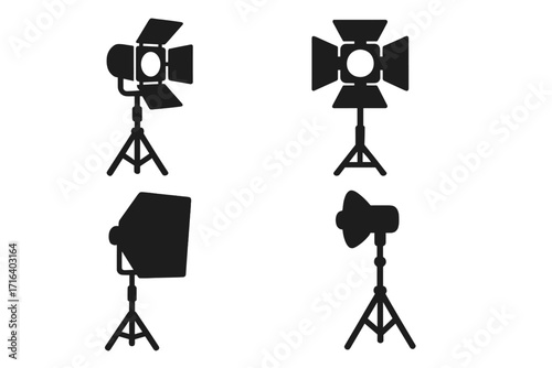 Studio lighting equipment icon set. Vector silhouette collection for photography, video and filmmaking. Professional photo and movie production gear. Spotlight, softbox symbols.