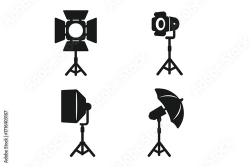 Studio light icon set. Photography lighting equipment silhouette. Vector collection for photo studio, filmmaking, and cinema. Includes softbox, spotlight, and umbrella.