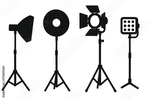 Set of studio lighting equipment silhouettes. Professional photo and video lights on tripods icon collection. Vector graphic of softbox, ring light, spotlight, LED panel.