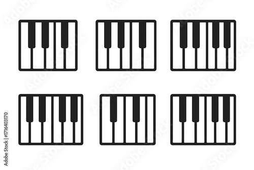 Piano keys icon set. Minimalist linear keyboard collection. Vector illustration for music concept. Musical instrument graphic element. Sound, melody and classical concert symbols.