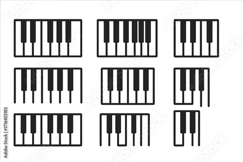 Piano keys vector icon set. Minimalist keyboard graphic collection. Simple black and white musical instrument pictogram for music school, lesson, concert, or sound logo design.
