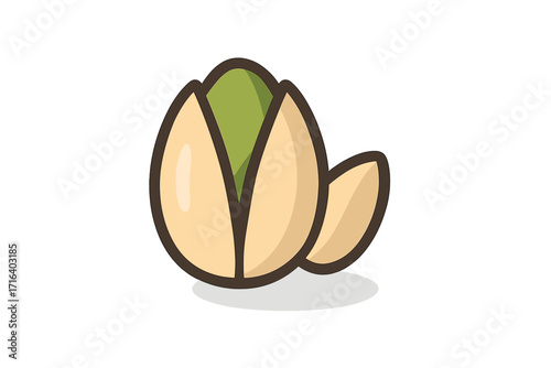 Realistic vector pistachio nut icon with shell and green kernel, cartoon style illustration with shadow on white transparent background, healthy snack, food design element