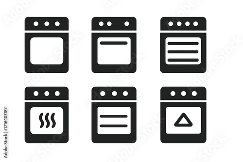Oven cooking function icon set. Kitchen stove modes pictograms. Minimalist vector symbols for bake, grill, heat, and convection. Electric appliance user interface elements.