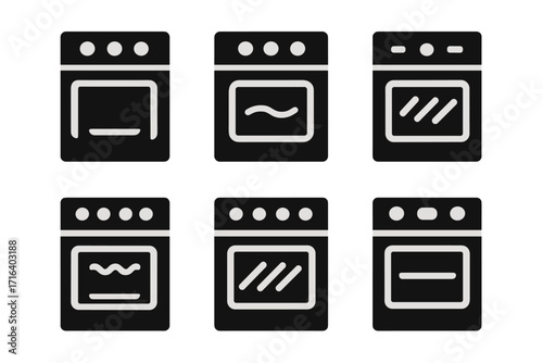 Oven function icons set. Kitchen stove modes symbols collection. Bake, grill, convection, and heat cooking pictograms. Minimalist black silhouette vector for UI design.