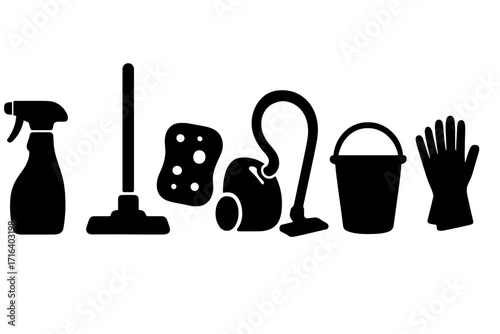 Cleaning service tools silhouette icon set. Vector symbols of household chores equipment. Spray bottle, mop, sponge, vacuum cleaner, bucket, and rubber gloves for hygiene.