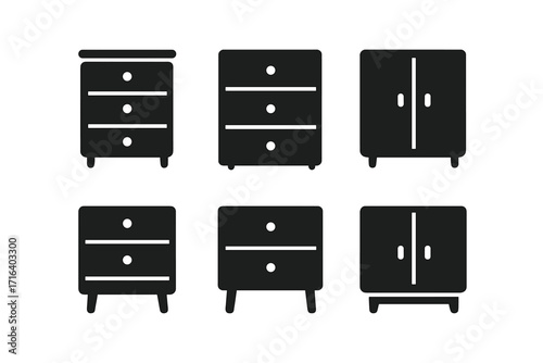Minimalist furniture icon set. Black silhouette of cabinet, drawer, and dresser for interior design. Vector pictogram collection for home decor, web, or mobile app interface.