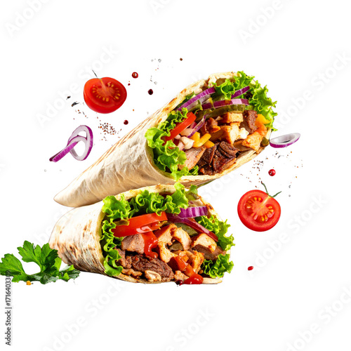 Fresh grilled beef turkish or chicken arabic shawarma doner sandwich with flying ingredients and spices hot ready to serve and eat food