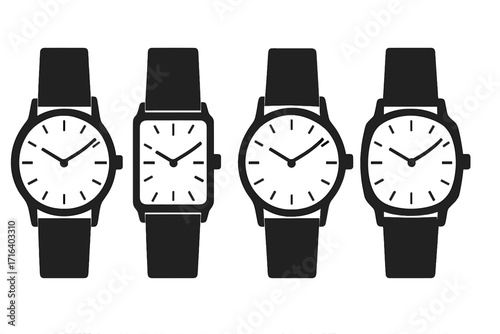 Set of classic wristwatch silhouettes. Vector collection of minimalist watch icons. Analog timepieces in different shapes. Fashion accessory illustration. Time concept graphic.