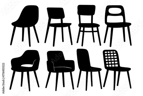 Silhouette collection of modern dining chairs, minimalistic vector cartoon illustration, sleek chair set with various stylish seatbacks, transparent background, home and office furniture designs