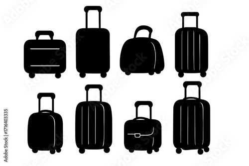Silhouette set of various suitcases on wheels with minimalist design, rolling luggage collection, travel bags icon vector, suitcase silhouettes, trolley bags illustration, transparent background