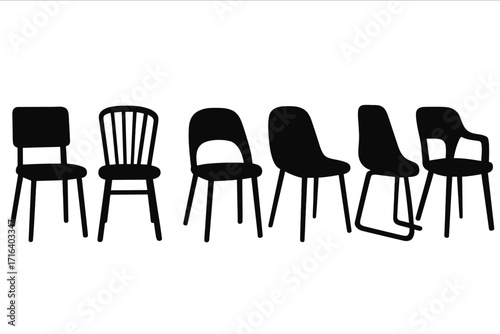 Silhouette collection of modern dining chairs vector set, black chair icons with transparent background, minimalist furniture design, contemporary seating variety, home and office decor elements