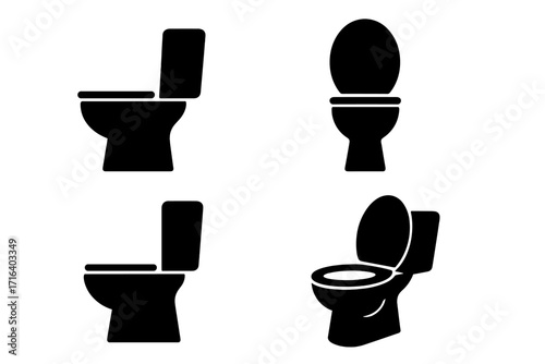 Toilet icon set vector. Black silhouette collection of toilets in various angles. Minimalist restroom sign. Bathroom symbol. WC icon pictogram. Lavatory & sanitary ware.